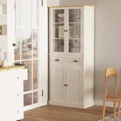 Alacena de Cocina Aparador Alto de Comedor con Vitrina Cajón y Armario con Puertas 76x40x182,5 cm Crema - Ogal.Es