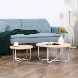 Juego de 2 Mesas de Centro Ø65x32 cm y Ø45x26 cm con Encimera de Madera y Patas de Metal Natural y Blanco - Ogal.Es