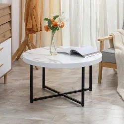 Mesa de Centro Mesa de Salón Redonda con Encimera Símil Mármol y Marco de Metal Estilo Moderno 80x80x45 cm Blanco - Ogal.Es
