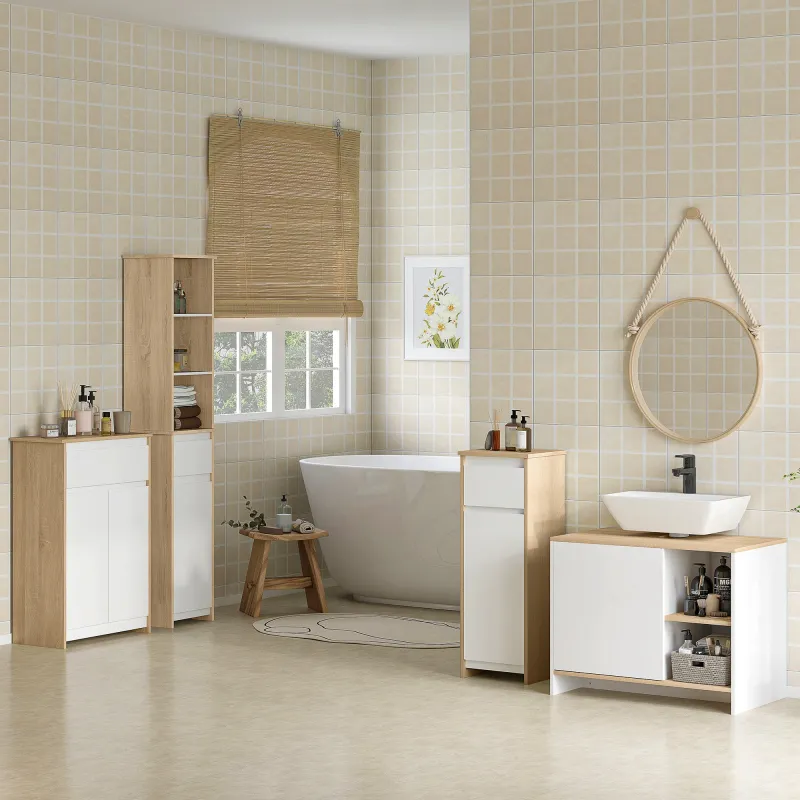 Armario de Baño con 1 Cajón y 2 Puertas Mueble Auxiliar de Estilo Moderno 60x30x90 cm Blanco y Natural - Ogal.Es