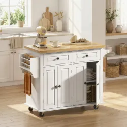 Isla de Cocina con Ruedas Mueble Auxiliar de Cocina con Especiero y Barra Lateral 111x44,5x82,5 cm Blanco - Ogal.Es