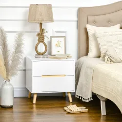 Mesita de Noche con 2 Cajones y Patas de Madera Mesilla de Noche Estilo Moderno 50x40x50,5 cm Blanco - Ogal.Es