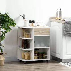 Carrito de Cocina Verdulero con 1 Cajón Puerta de Vidrio y Estantes Carro Auxiliar con Ruedas 65x39x80 cm Natural - Ogal.Es