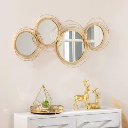 Decoración de Pared de Metal 3D de Espejos Redondos Adorno Metálico para Salón Dormitorio Comedor 107x56cm Dorado - Ogal.Es