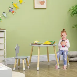 Juego de Mesa y 2 Sillas de Madera para Niños Mesa Redonda Ø59x50 cm y Sillas Ø28x51 cm Muebles Infantiles Gris - Ogal.Es