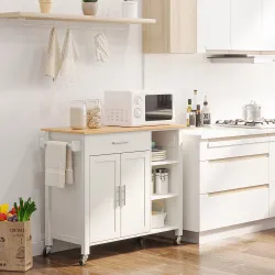 Isla de Cocina con Ruedas Mueble Auxiliar de Cocina con Cajón Estantes y Barra Lateral 107,5x48x89 cm Blanco - Ogal.Es