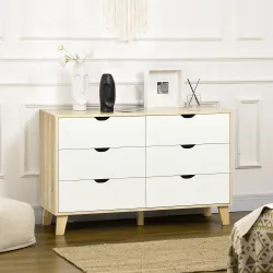 Cómoda con 6 Cajones Cajonera para Dormitorio Salón Estudio Estilo Moderno 120x40x76 cm Natural y Blanco - Ogal.Es