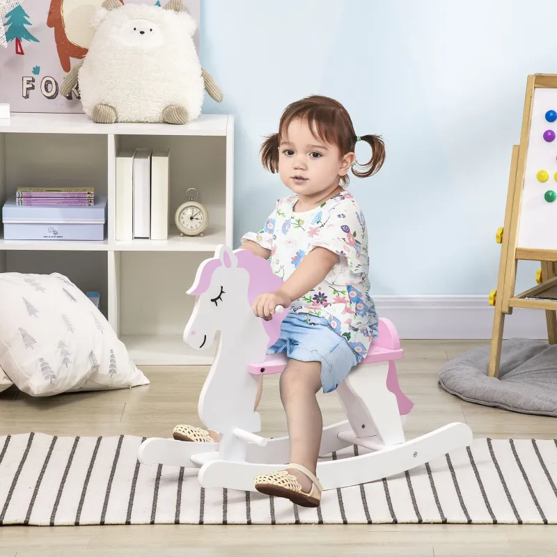 Caballito Balancín para Niños de 1-3 Años de Madera con Manillar y Pedales Carga 50 kg 68x27x51,5cm Blanco y Rosa - Ogal.Es