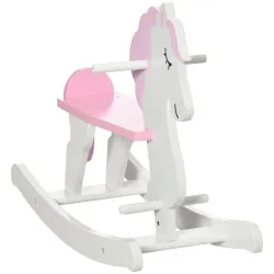 Caballito Balancín para Niños de 1-3 Años de Madera con Manillar y Pedales Carga 50 kg 68x27x51,5cm Blanco y Rosa - Ogal.Es