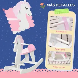 Caballito Balancín para Niños de 1-3 Años de Madera con Manillar y Pedales Carga 50 kg 68x27x51,5cm Blanco y Rosa - Ogal.Es