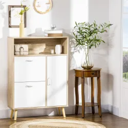 Mueble Zapatero para 8 Pares de Calzado con 2 Cajones Abatibles Armario y Balda 80x25,5x112,5 cm Natural y Blanco - Ogal.Es