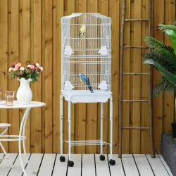 Jaula para Pájaros con Soporte Jaula Metálica con Ruedas Bandeja Extraíble y Estante 46,5x36x157 cm Blanco - Ogal.Es