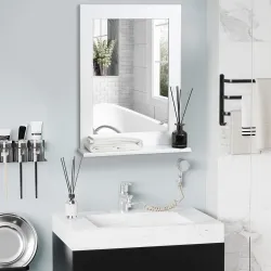 Espejo de Baño Espejo de Pared Moderno con Estante de Almacenaje y Marco de Madera 50x11,5x60 cm Blanco - Ogal.Es