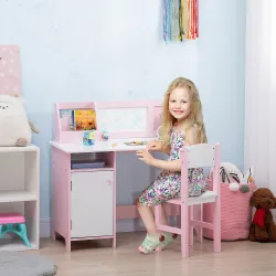 Escritorio Infantil de Madera con Silla y Mesa con Organizador y Pizarra Blanca para +5 Años 90x45x85 cm Rosa - Ogal.Es