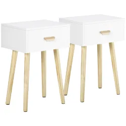 Juego de 2 Mesitas de Noche con Cajón y Patas de Madera para Dormitorio Salón Cama Oficina 40,5x30,5x60 cm Blanco - Ogal.Es