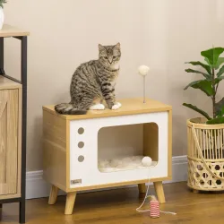 Cama Cueva para Gatos Estilo Televisor con Cojín Lavable y Bola de Juguete 50x28x43 cm Roble - Ogal.Es
