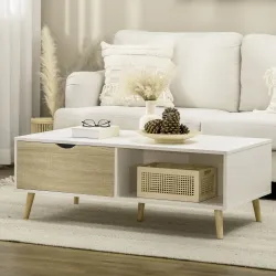 Mesa de Centro Rectangular Mesa con 2 Cajones y Compartimientos Abiertos Estilo Nórdico 106x58x39,5 cm Blanco - Ogal.Es