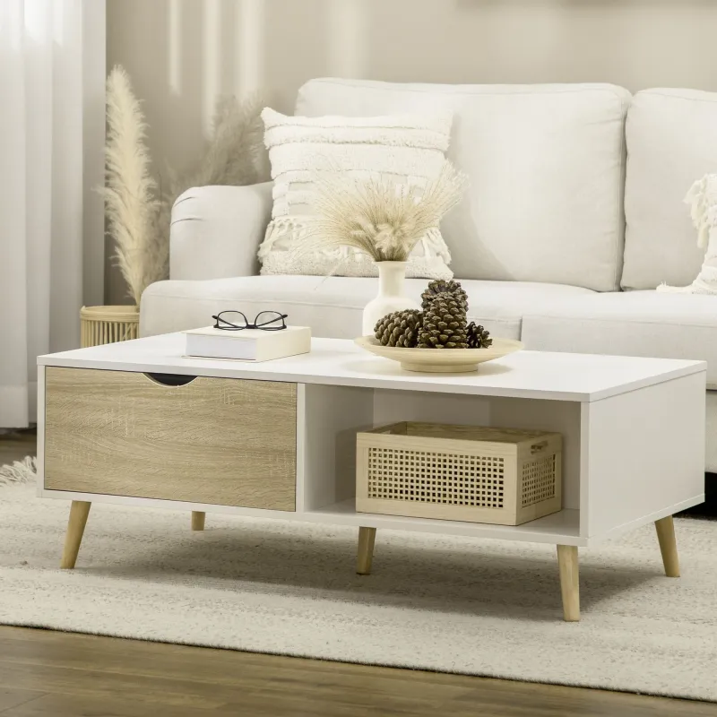 Mesa de Centro Rectangular Mesa con 2 Cajones y Compartimientos Abiertos Estilo Nórdico 106x58x39,5 cm Blanco - Ogal.Es