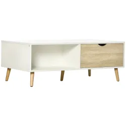 Mesa de Centro Rectangular Mesa con 2 Cajones y Compartimientos Abiertos Estilo Nórdico 106x58x39,5 cm Blanco - Ogal.Es