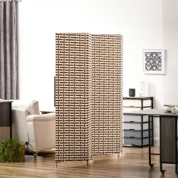 Biombo Separador de Ambientes de 4 Paneles Plegables de Madera de Pino y Fibra de Papel 180x180cm Marrón y Blanco - Ogal.Es