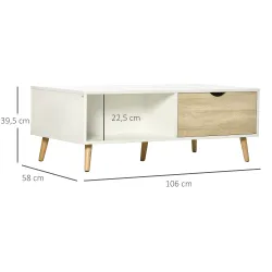 Mesa de Centro Rectangular Mesa con 2 Cajones y Compartimientos Abiertos Estilo Nórdico 106x58x39,5 cm Blanco - Ogal.Es