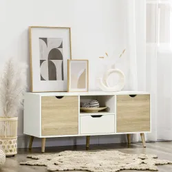 Mueble de TV con Cajón y 2 Puertas para Televisores de hasta 50" 110x40x50 cm Blanco y Madera Natural - Ogal.Es