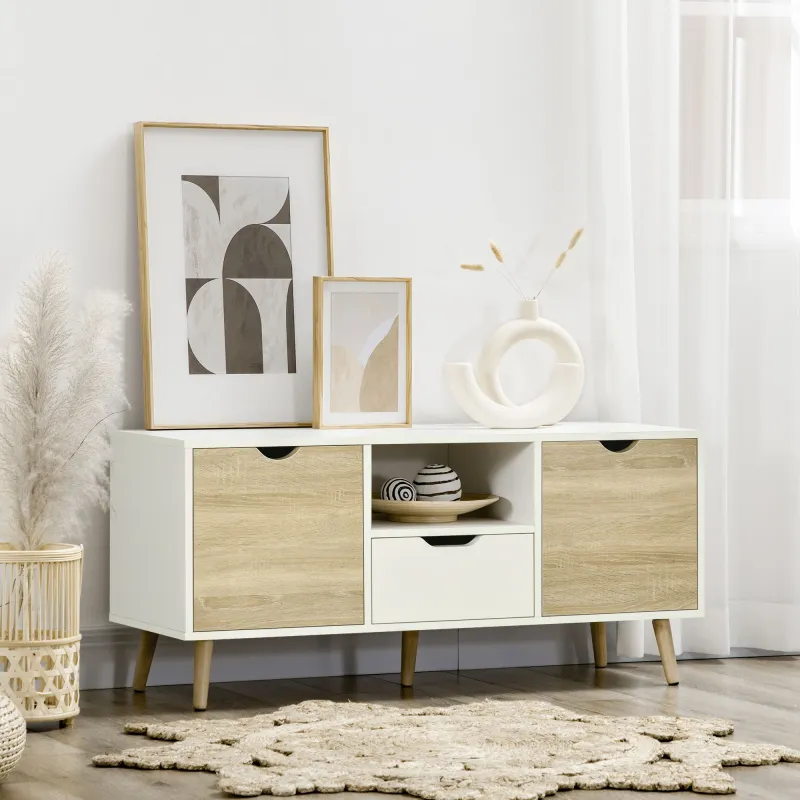 Mueble de TV con Cajón y 2 Puertas para Televisores de hasta 50" 110x40x50 cm Blanco y Madera Natural - Ogal.Es