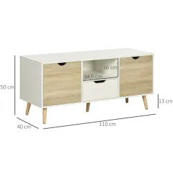 Mueble de TV con Cajón y 2 Puertas para Televisores de hasta 50" 110x40x50 cm Blanco y Madera Natural - Ogal.Es