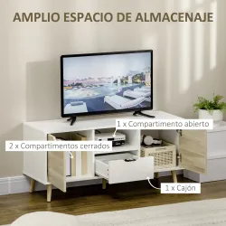 Mueble de TV con Cajón y 2 Puertas para Televisores de hasta 50" 110x40x50 cm Blanco y Madera Natural - Ogal.Es