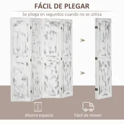 Biombo Divisor Separador de Ambientes de 4 Paneles Plegables de Madera de Paulonia 160,5x170 cm Blanco Rústico - Ogal.Es