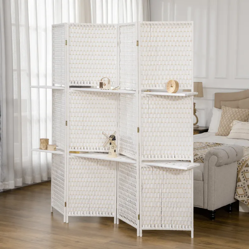 Biombo Separador de Ambientes Plegable con 2 Estantes de Madera de Pino y Fibra de Papel 181x180 cm Blanco - Ogal.Es