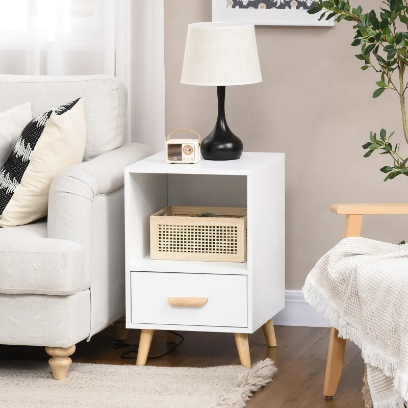 Mesita de Noche con 1 Cajón y Estante Mesa Auxiliar de Estilo Nórdico para Salón Dormitorio 40x40x62 cm Blanco - Ogal.Es