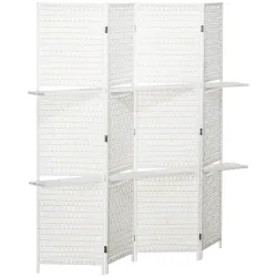 Biombo Separador de Ambientes Plegable con 2 Estantes de Madera de Pino y Fibra de Papel 181x180 cm Blanco - Ogal.Es