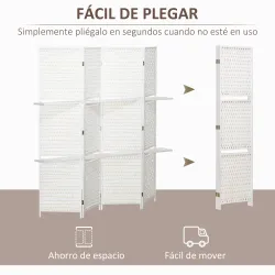 Biombo Separador de Ambientes Plegable con 2 Estantes de Madera de Pino y Fibra de Papel 181x180 cm Blanco - Ogal.Es