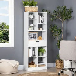 Estantería de Madera con 1 Cajón y 9 Compartimentos Mueble Librería para Salón Oficina Estudio 60x26x158cm Blanco - Ogal.Es