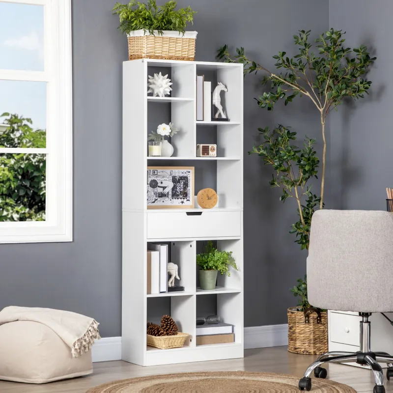 Estantería de Madera con 1 Cajón y 9 Compartimentos Mueble Librería para Salón Oficina Estudio 60x26x158cm Blanco - Ogal.Es