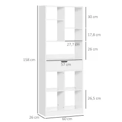 Estantería de Madera con 1 Cajón y 9 Compartimentos Mueble Librería para Salón Oficina Estudio 60x26x158cm Blanco - Ogal.Es
