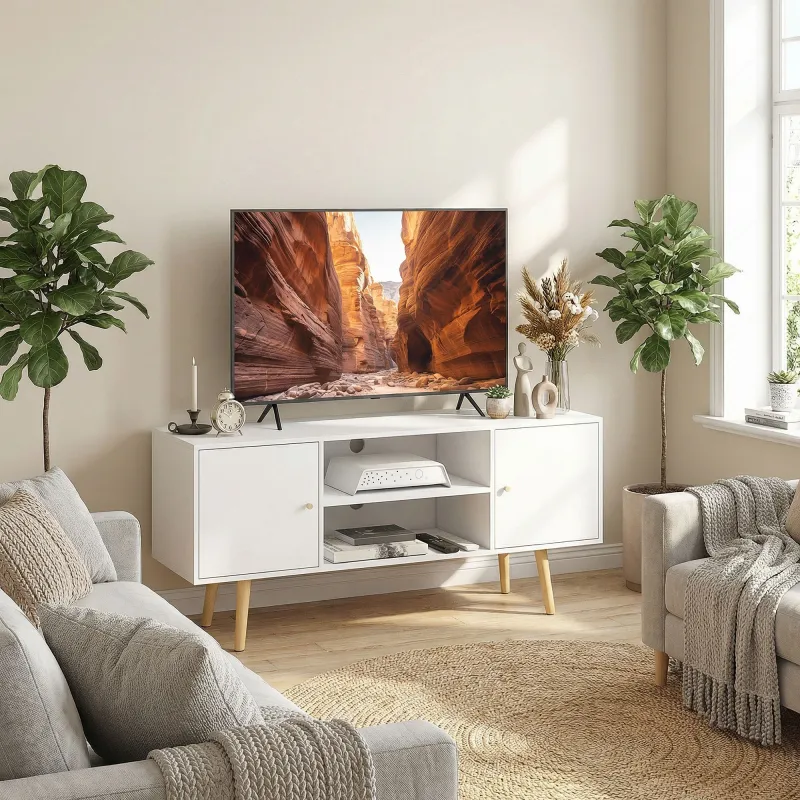 Mueble de TV con 2 Puertas 2 Estantes de Almacenamiento para Televisores de hasta 55 Pulgadas 120x34x50 cm Blanco - Ogal.Es