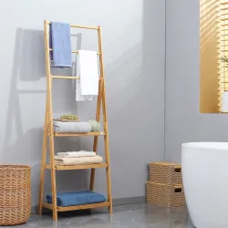 Toallero de Pie de Bambú con 3 Barras Tipo Escalera Plegable con 3 Estantes para Baño 53x30,5x152 cm Natural - Ogal.Es