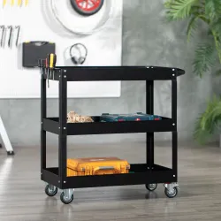 Carro de Herramientas con Ruedas 3 Estantes y Asa Lateral para Garaje Mecánico Hogar 83x35,3x76 cm Negro - Ogal.Es