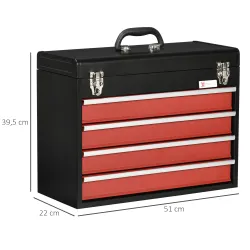 Caja de Herramientas de Acero con 4 Cajones Bandeja Tapa Abatible y Cierres Metálicos 51x22x39,5 cm Negro y Rojo - Ogal.Es