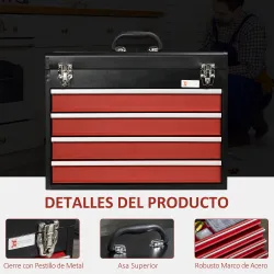 Caja de Herramientas de Acero con 4 Cajones Bandeja Tapa Abatible y Cierres Metálicos 51x22x39,5 cm Negro y Rojo - Ogal.Es