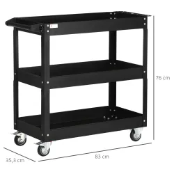 Carro de Herramientas con Ruedas 3 Estantes y Asa Lateral para Garaje Mecánico Hogar 83x35,3x76 cm Negro - Ogal.Es