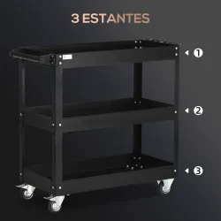 Carro de Herramientas con Ruedas 3 Estantes y Asa Lateral para Garaje Mecánico Hogar 83x35,3x76 cm Negro - Ogal.Es