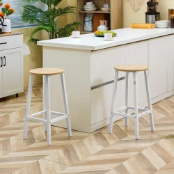 Juego de 2 Taburetes Altos de Cocina con Asiento de Melamina y Patas de Acero 32,5x32,5x65 cm Natural y Blanco - Ogal.Es