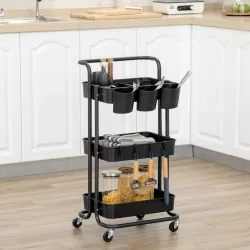 Carrito Auxiliar con Ruedas Carro de Almacenaje Multifuncional con Ganchos y Cajas Colgantes 42x38x86,5 cm Negro - Ogal.Es