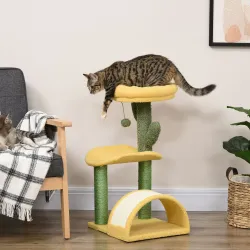Rascador para Gatos de 72 cm con Cama Poste de Sisal Rascador Curvo y Bola Colgante 40x35x72 cm Verde y Amarillo - Ogal.Es