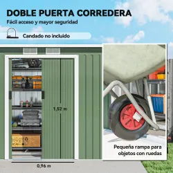 Caseta de Exterior 280x130x172 cm Cobertizo de Jardín con Puertas Correderas Base y Ventilaciones Verde Claro - Ogal.Es