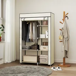 Armario de Tela Plegable Ropero Portátil con 6 Estantes y 1 Barra de Colgar para Dormitorio 103x43x162,5cm Crema - Ogal.Es