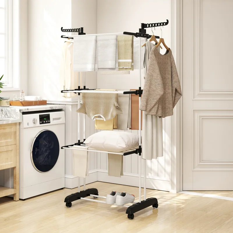 Tendedero de Ropa Plegable con Ruedas 3 Niveles con Alas Plegables y Colgadores 125x64x172 cm Negro y Blanco - Ogal.Es